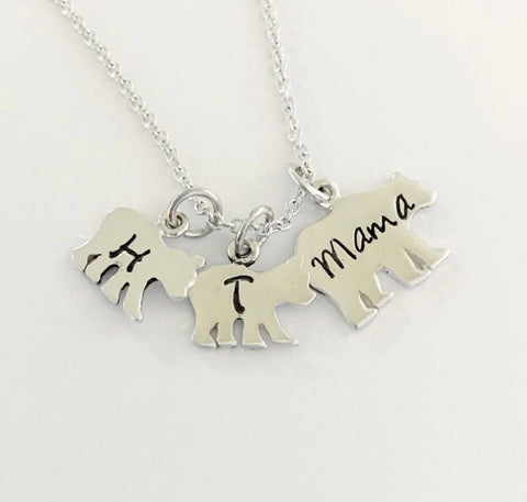 Mama Bear & Cubs w/Initials Necklace